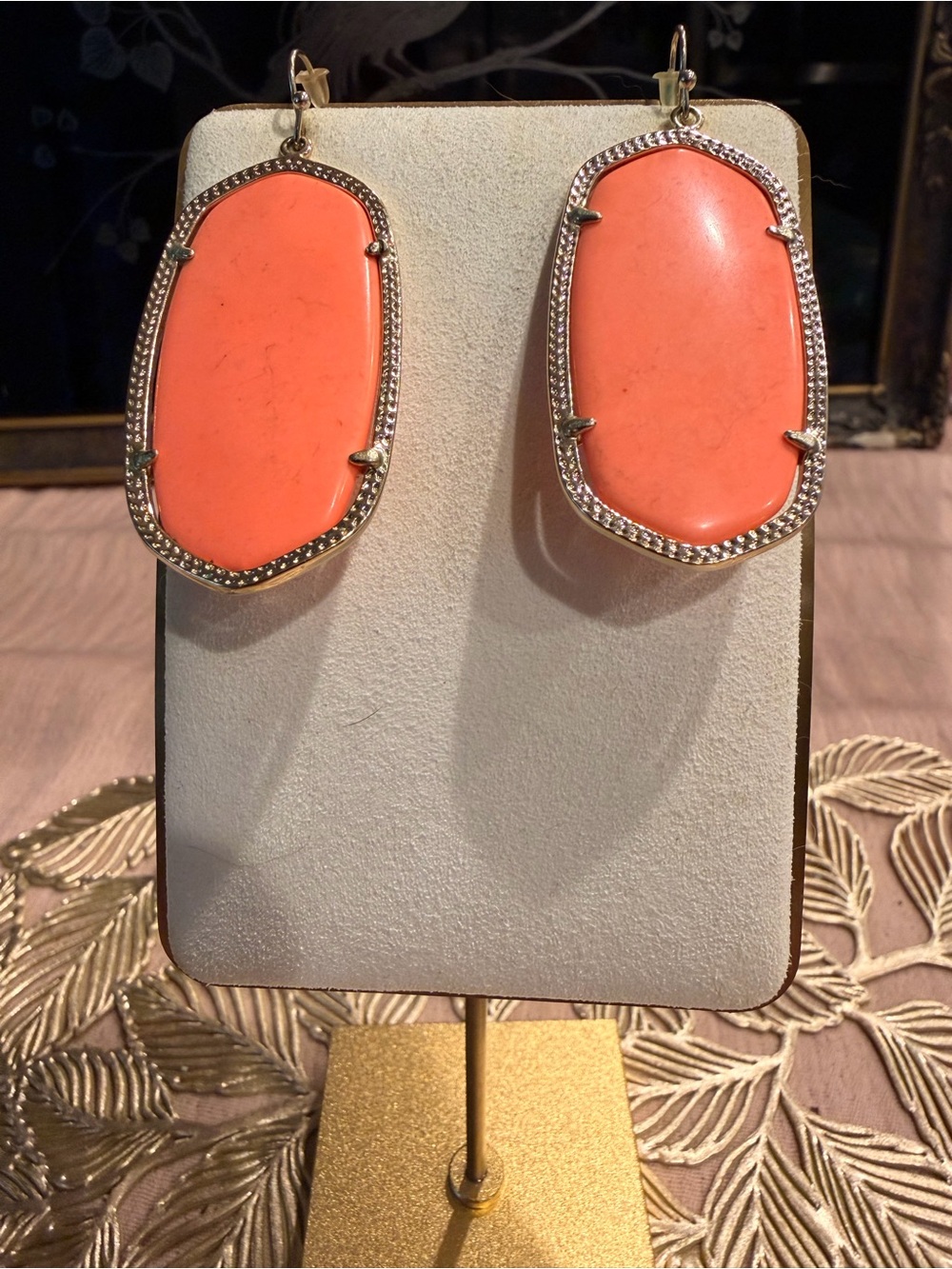 Coral Stone Drop Earrings with Silver Frame